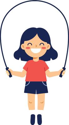Happy girl jumping rope in playful attire showcasing flat illustration style