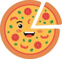 Happy cartoon pizza character with sliced piece, flat design, joyful expression, illustration vector
