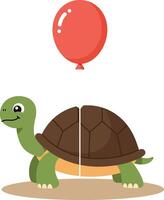 Cute green turtle with a playful expression beneath a red balloon in flat art vector