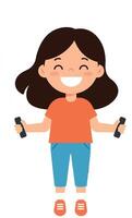 Happy girl exercising with dumbbells in a flat and colorful illustration vector