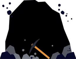 Dark cave entrance with a mining pickaxe in a flat illustration vector