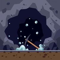 A mining pickaxe striking rocks inside a dark cave in flat art vector