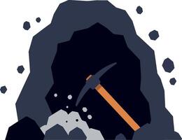 Mining pickaxe positioned at the entrance of a dark cave in flat art vector