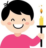 Happy child holding a candle with a bright smile in flat illustration vector