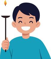 Cheerful boy holding a torch with flame in a flat illustration vector