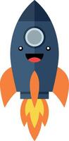 Happy cartoon rocket with expressive eyes and flames in a flat design art vector