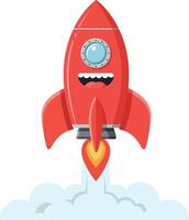 Friendly red rocket ship launching into the sky in a flat art style vector