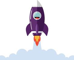 Purple rocket launching into the sky with bright flames and clouds in a flat illustration vector
