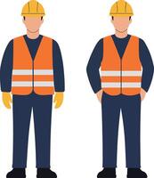 Construction workers in safety vests and helmets showcasing flat art style with two poses and a professional atmosphere vector