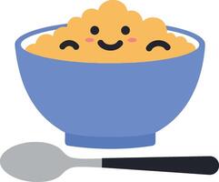 Happy bowl of oatmeal with smiling faces and a spoon in a flat illustration vector
