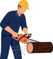 A man cutting a log with a chainsaw in a flat art style showing focus and determination vector