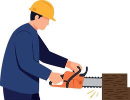Worker using a chainsaw to cut wood in a flat design illustration vector
