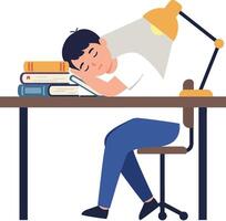 A young man sleeping at a desk surrounded by books in a minimal illustration vector