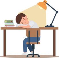 A young boy asleep at a desk under a bright lamp in a flat art style vector