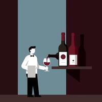 Waiter in a tuxedo pouring red wine into a glass in minimal illustration vector