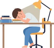 A tired boy resting his head on a desk with books under a warm lamp in flat art vector