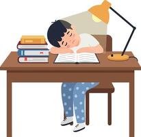 A young boy resting his head on an open book at a desk with a lamp, flat illustration vector