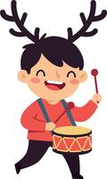 Happy child with antlers playing a drum in a cheerful flat illustration vector