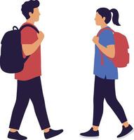Two students walking towards each other in minimal art style with backpacks and casual attire illustration vector