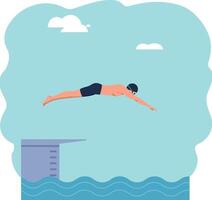 Diver leaping off a platform into water in a flat illustration vector