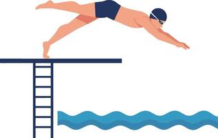 Athlete diving from a platform into a pool in flat art vector