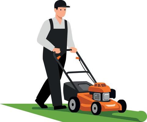 Lawn care professional mowing grass with an orange lawnmower in flat art