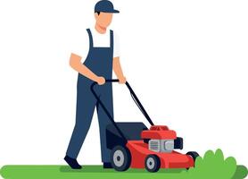 Man mowing grass with a red lawn mower in a flat minimal style art vector
