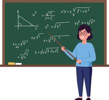 Teacher explaining mathematical equations on a chalkboard in flat illustration vector