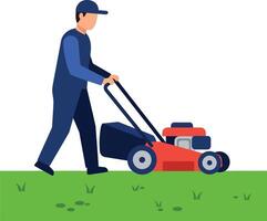 Man mowing a green lawn with a red lawnmower in a flat illustration vector
