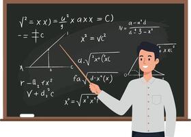 A teacher explaining mathematical concepts at a chalkboard in flat illustration vector