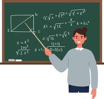 Teacher explaining mathematics on a chalkboard in a flat illustration vector