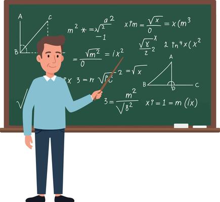 Male teacher pointing at math equations on a chalkboard in flat art
