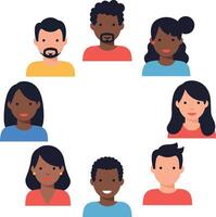 Diverse group of individuals smiling in a circular arrangement, flat illustration vector