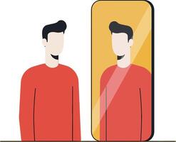 A man in a red sweater gazing at his reflection in a minimal illustration vector
