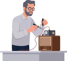 A technician repairing an old radio with tools in a minimal, flat design illustration vector