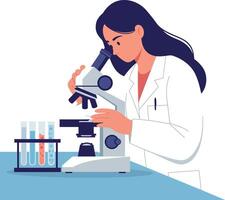 Female scientist examining samples with a microscope in a flat, minimal illustration vector