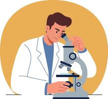 Scientist examining slides at a microscope in a flat illustration vector