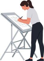 A woman drawing on a drafting table in a minimal style illustration vector