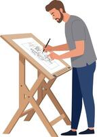A man sketching architectural designs at a drafting table in a flat art style vector