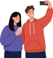 Two friends taking a cheerful selfie in casual attire with a flat illustration style vector