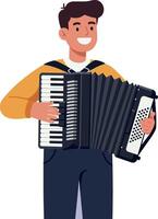 A cheerful young man playing an accordion in a lively, flat illustration style showcasing musical expression and joy art vector