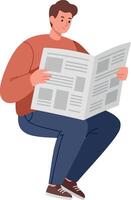Man sitting and reading a newspaper in a casual pose, flat illustration vector