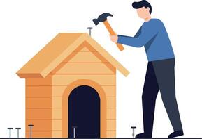 Man building a wooden doghouse with a hammer in a flat illustration vector