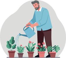 A man watering indoor plants in pots with a watering can in a minimal illustration vector