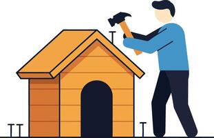 A man building a wooden doghouse with a hammer in a flat art style vector