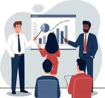 Business presentation with professionals discussing growth metrics in flat art vector