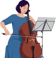 A woman playing a cello in a serene setting with minimalistic design art vector