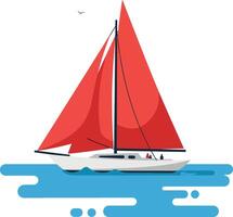 Sailing boat with red sails gliding across calm blue water in flat art vector