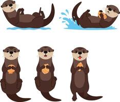 Playful otters engaging in various activities in a flat illustration vector