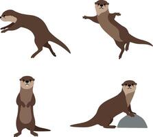 Playful otters in various poses featuring flat design style art vector